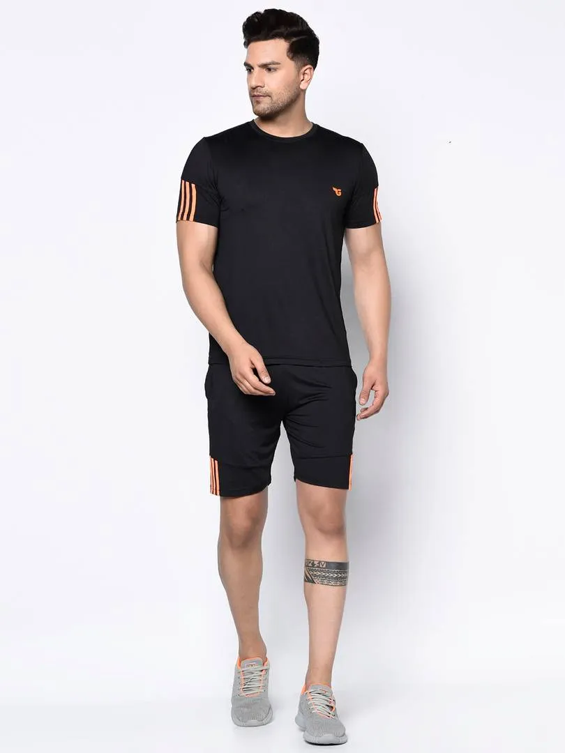 Stylish Black Striped Polyester Spandex Sports T-shirt & Shorts Set