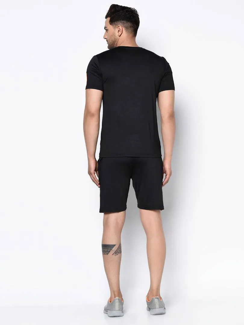 Stylish Black Striped Polyester Spandex Sports T-shirt & Shorts Set