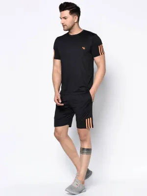 Stylish Black Striped Polyester Spandex Sports T-shirt & Shorts Set