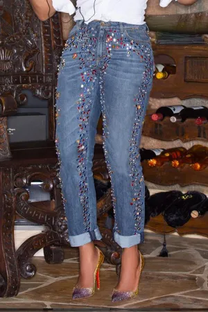 Stylish Bleach Wash Rhinestone Jeans