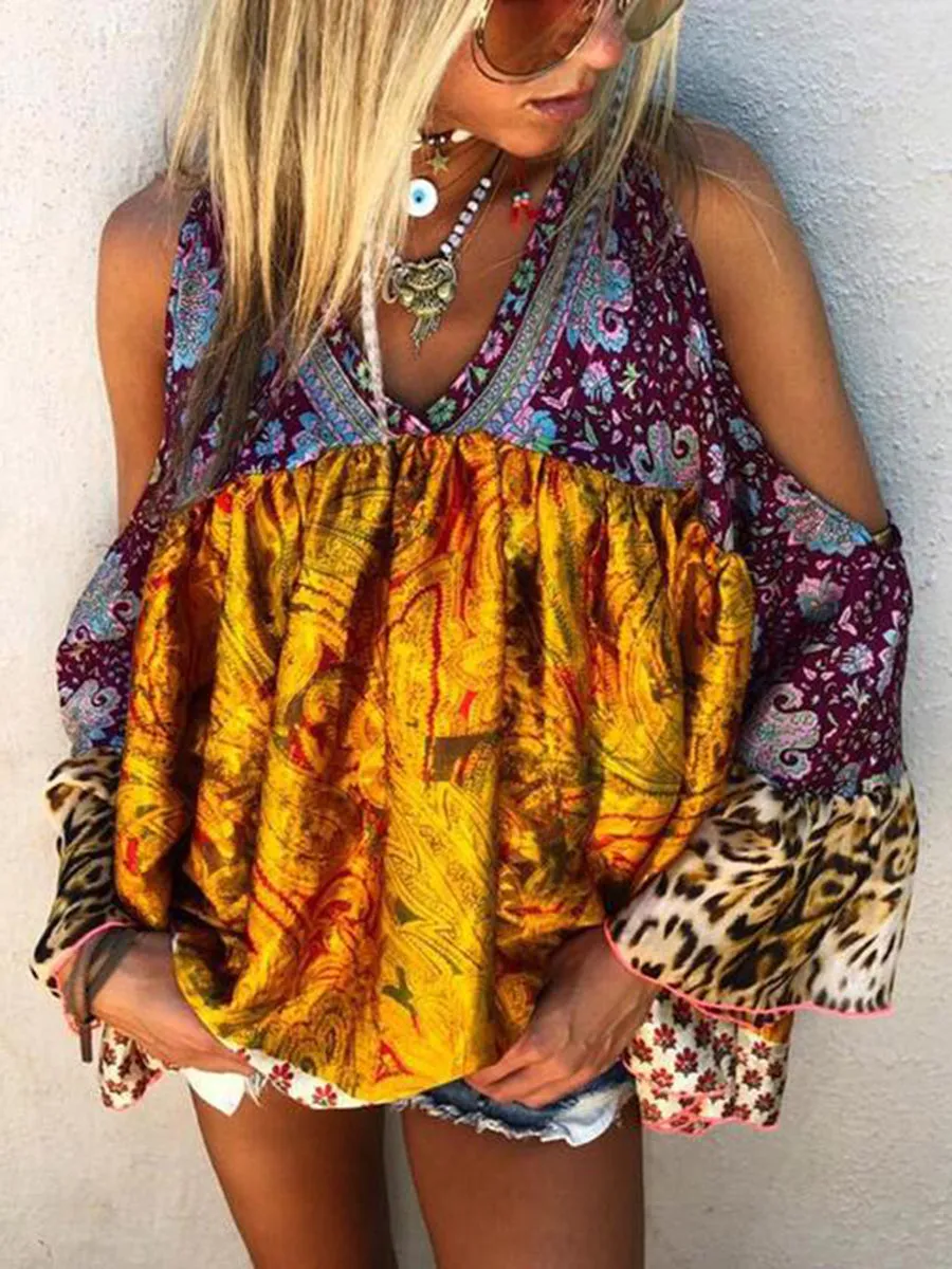 Stylish Casual Bohemian Printed V-neck Top