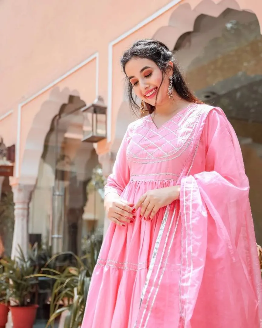 Stylish Cotton Embroidered Anarkali Kurta With Palazzo And Dupatta Set