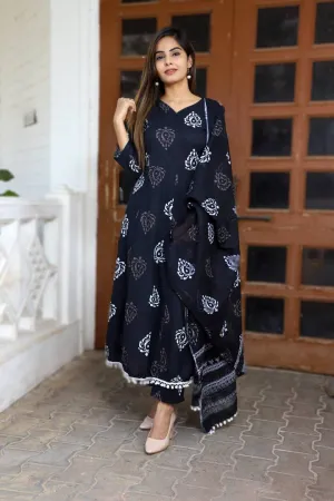 Stylish Cotton Printed Stitched Kurta And Bottom With Dupatta Set