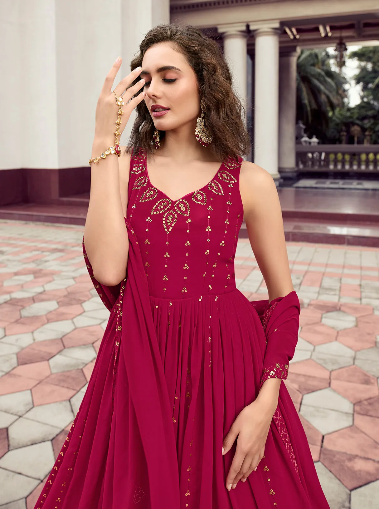 Stylish Dark Pink Color Thread Sequence Work Gown