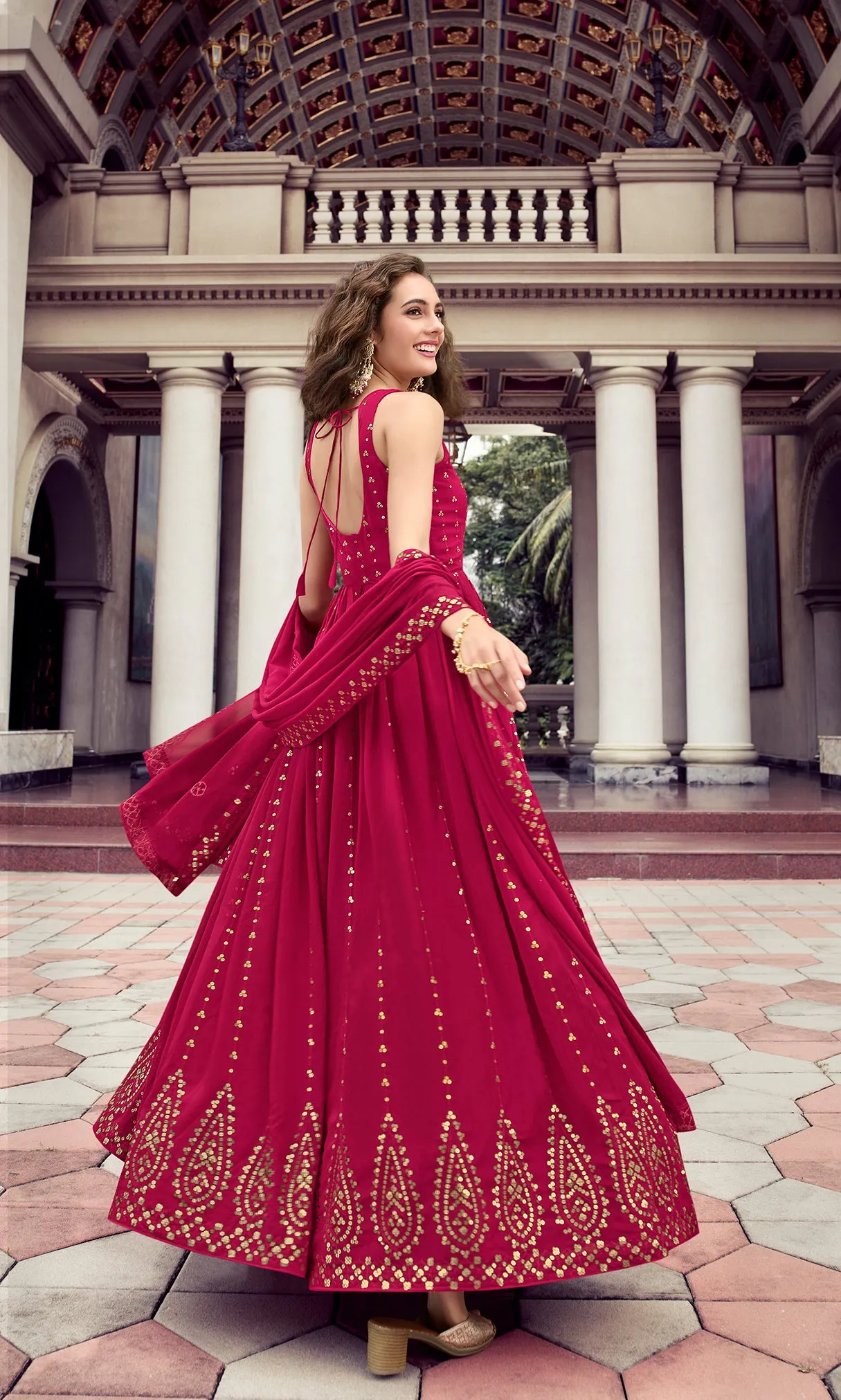 Stylish Dark Pink Color Thread Sequence Work Gown