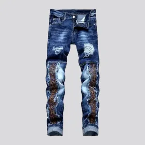 Stylish embroidered distressed men's jeans