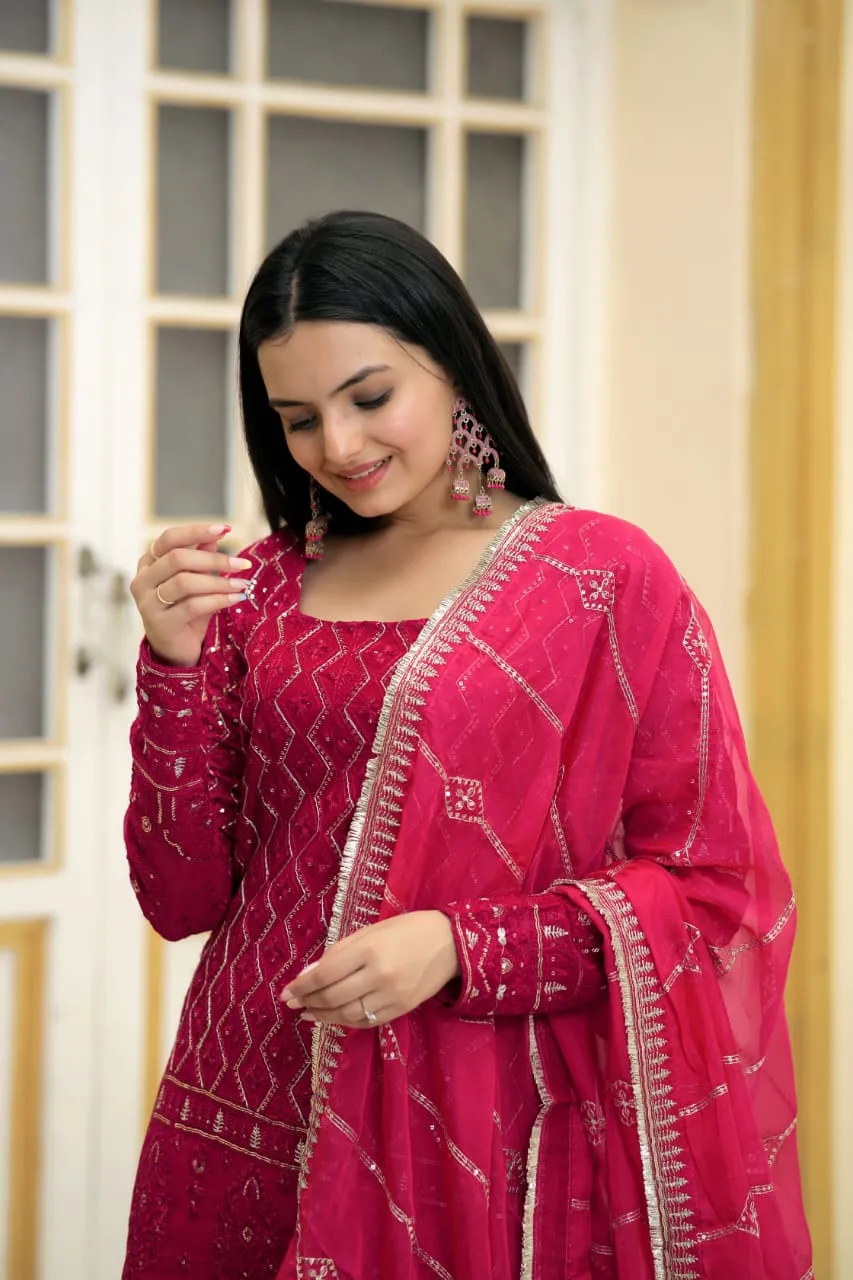 Stylish Embroidered Work Pink Color Sharara Suit