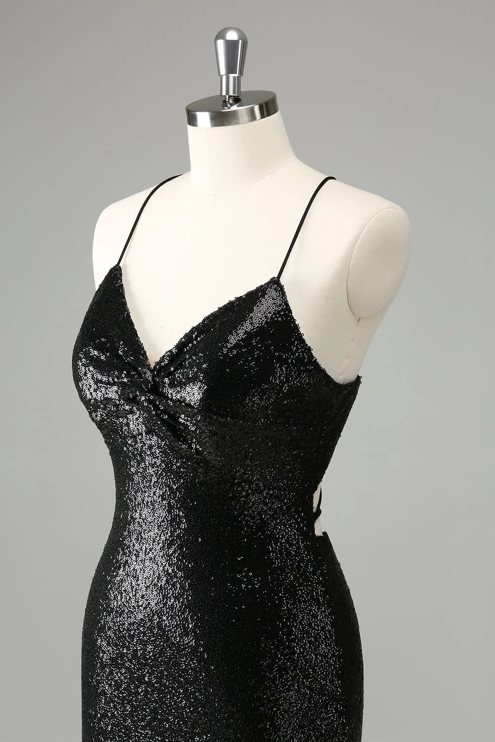 Stylish Glitter Black Sequins Tight Halter Mini Dress with Lace Up Back