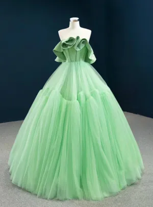 Stylish Green Ball Gown Tulle Strapless Pleats Long Prom Dress