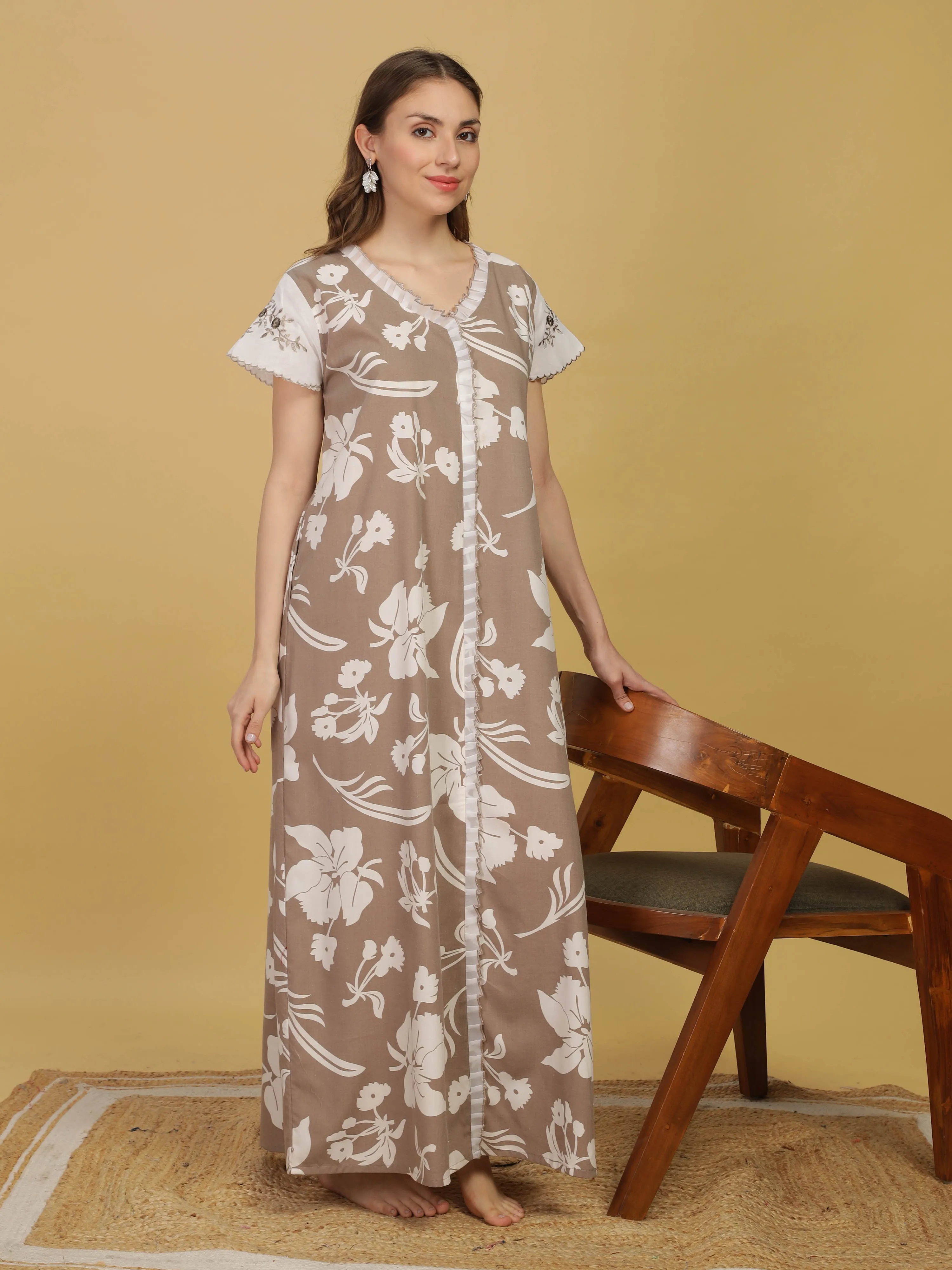 Stylish Grey Floral Nightdress with Embroidery & Frills