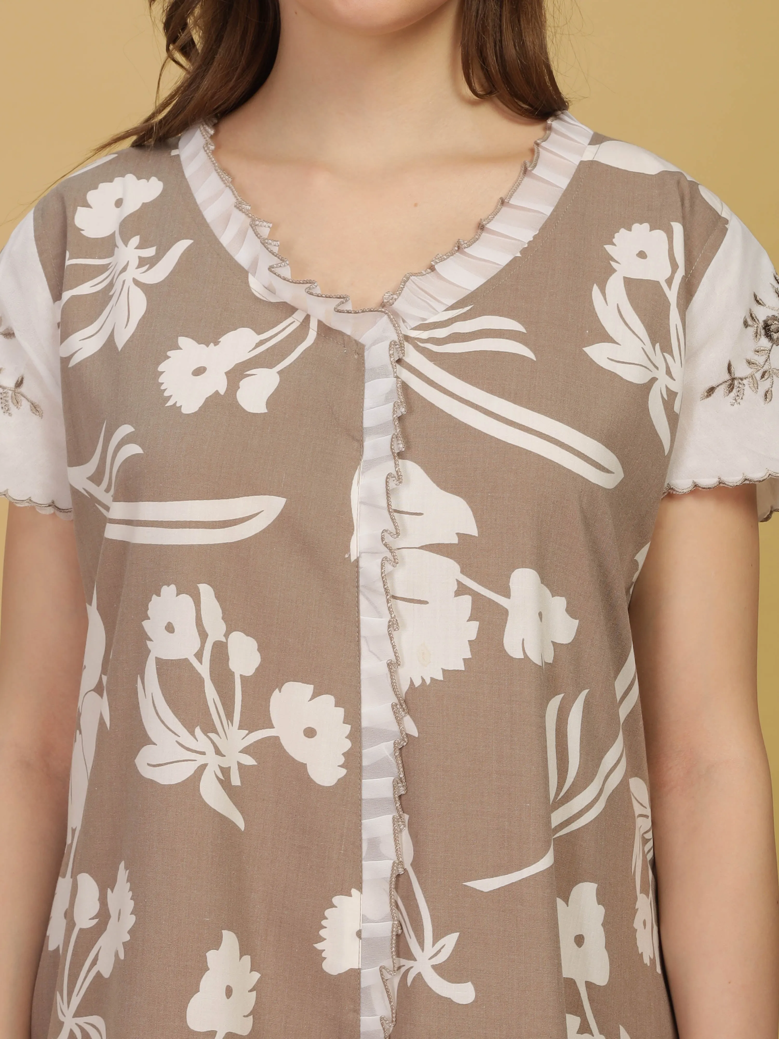 Stylish Grey Floral Nightdress with Embroidery & Frills