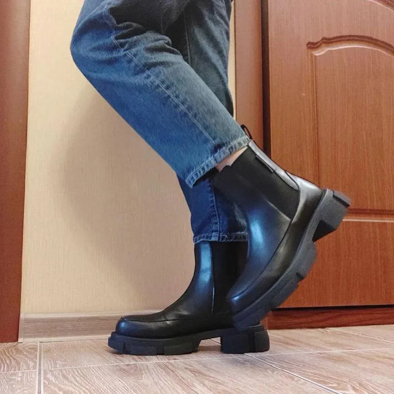 Stylish High Top Thick Sole Leather Ankle Boots