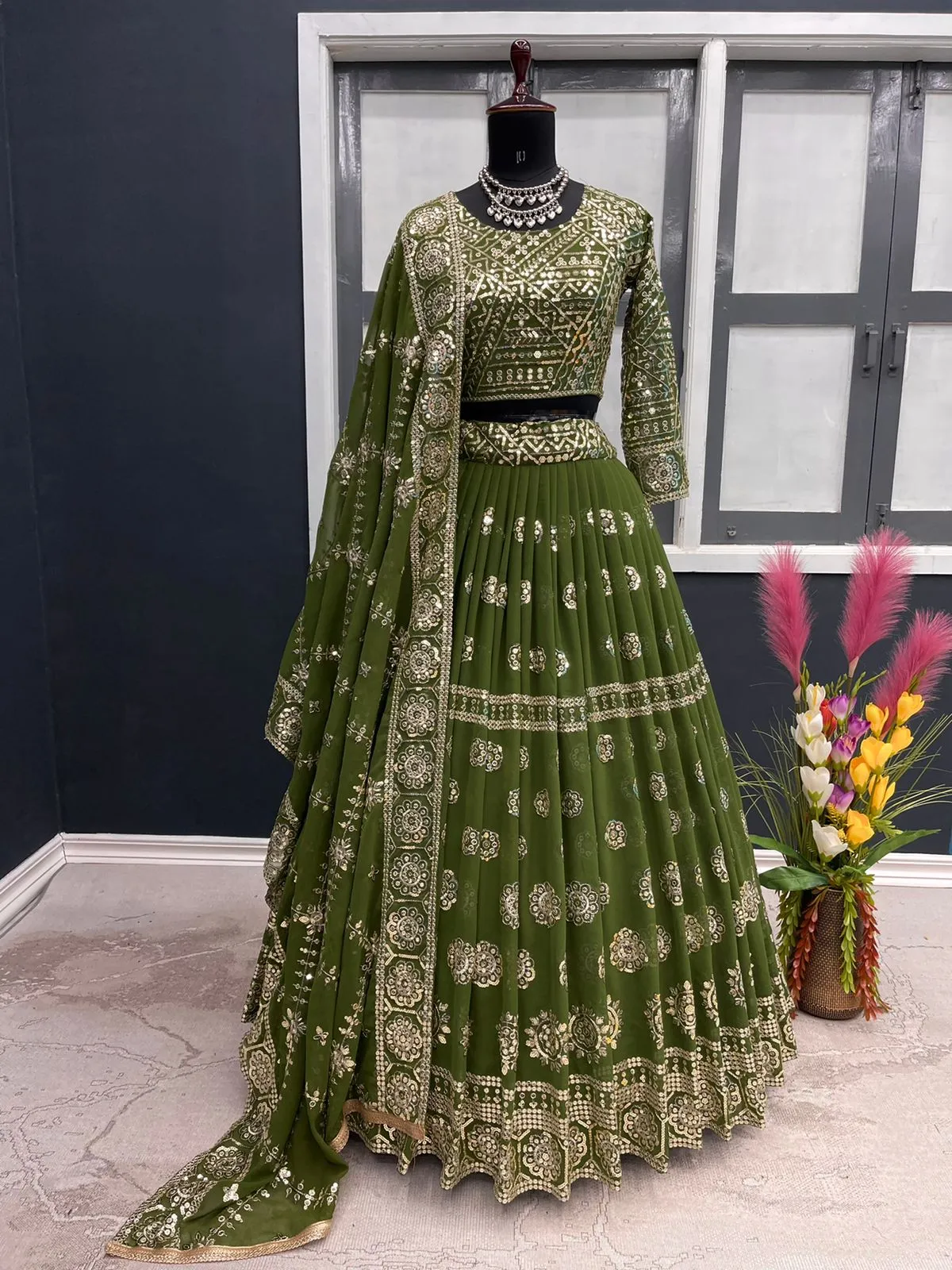 Stylish Mehendi Color Sequence Work Lehenga Choli