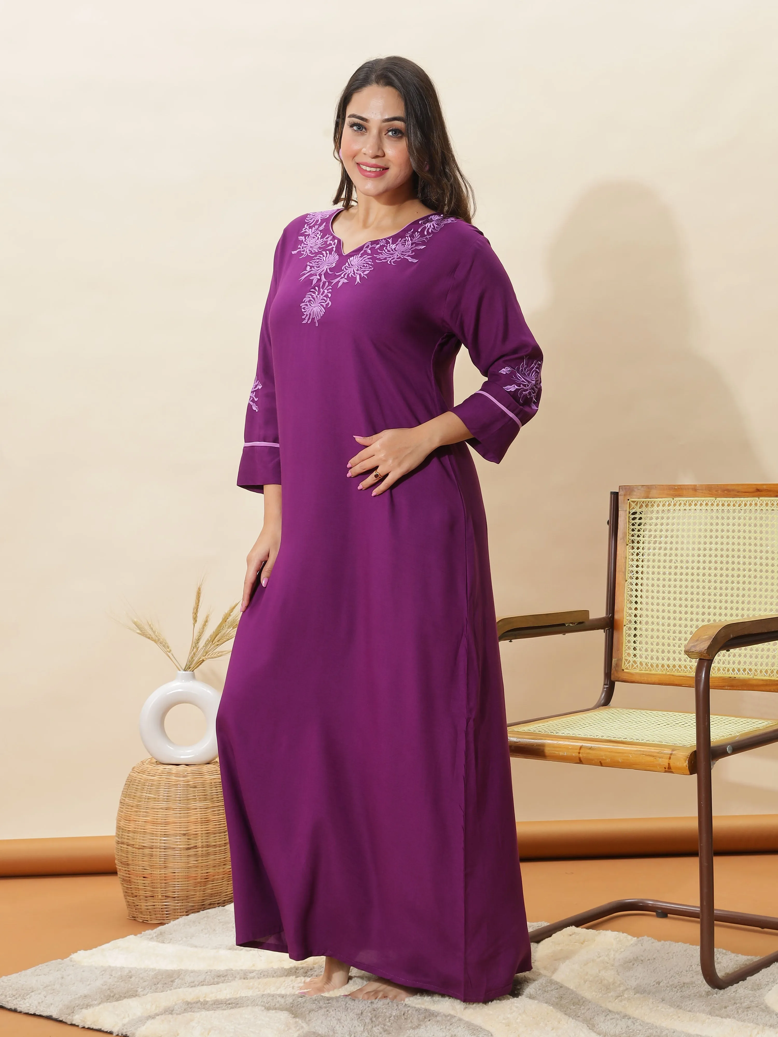 Stylish Purple Topaz Embroidered Rayon Nighty