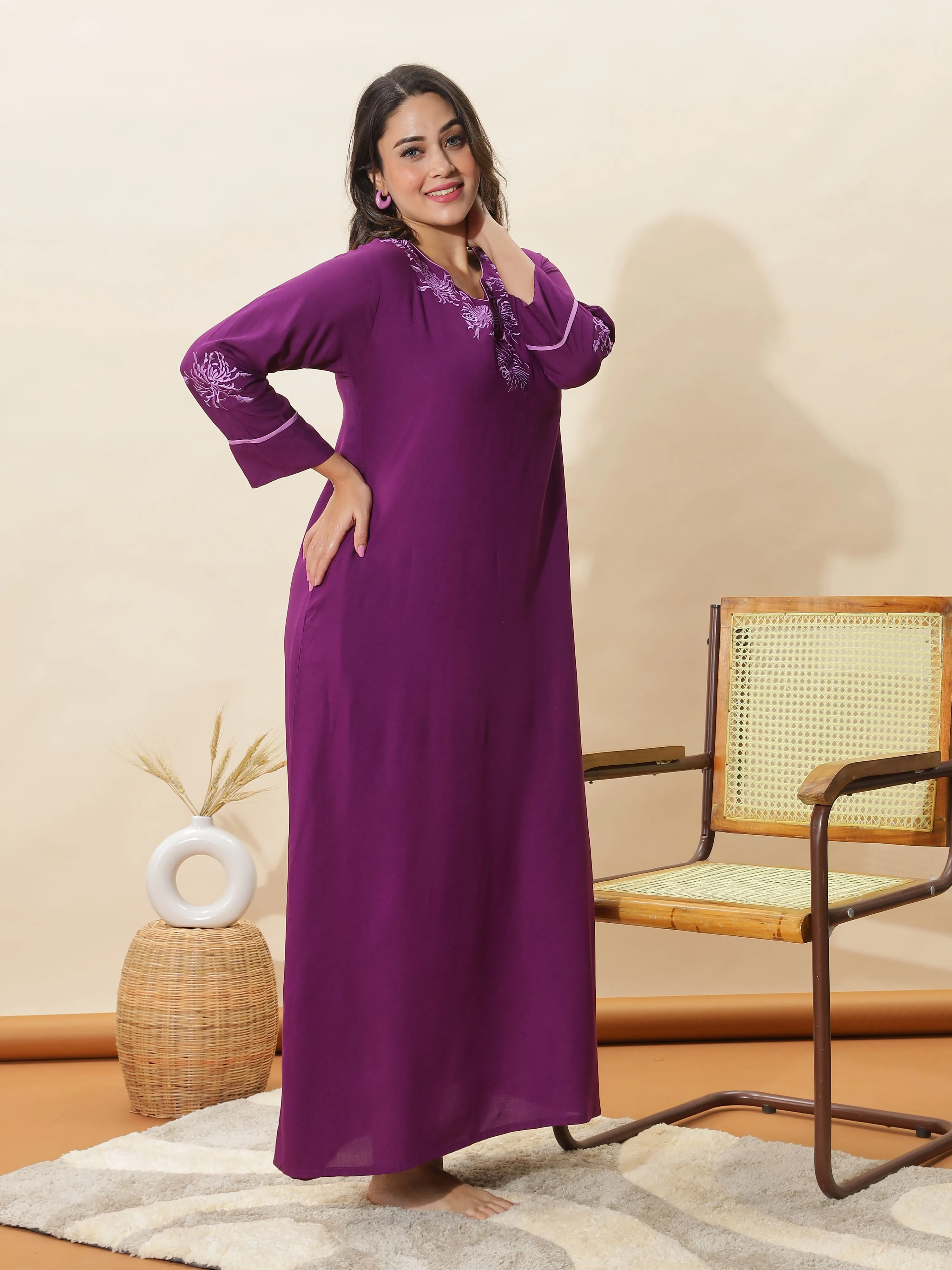 Stylish Purple Topaz Embroidered Rayon Nighty