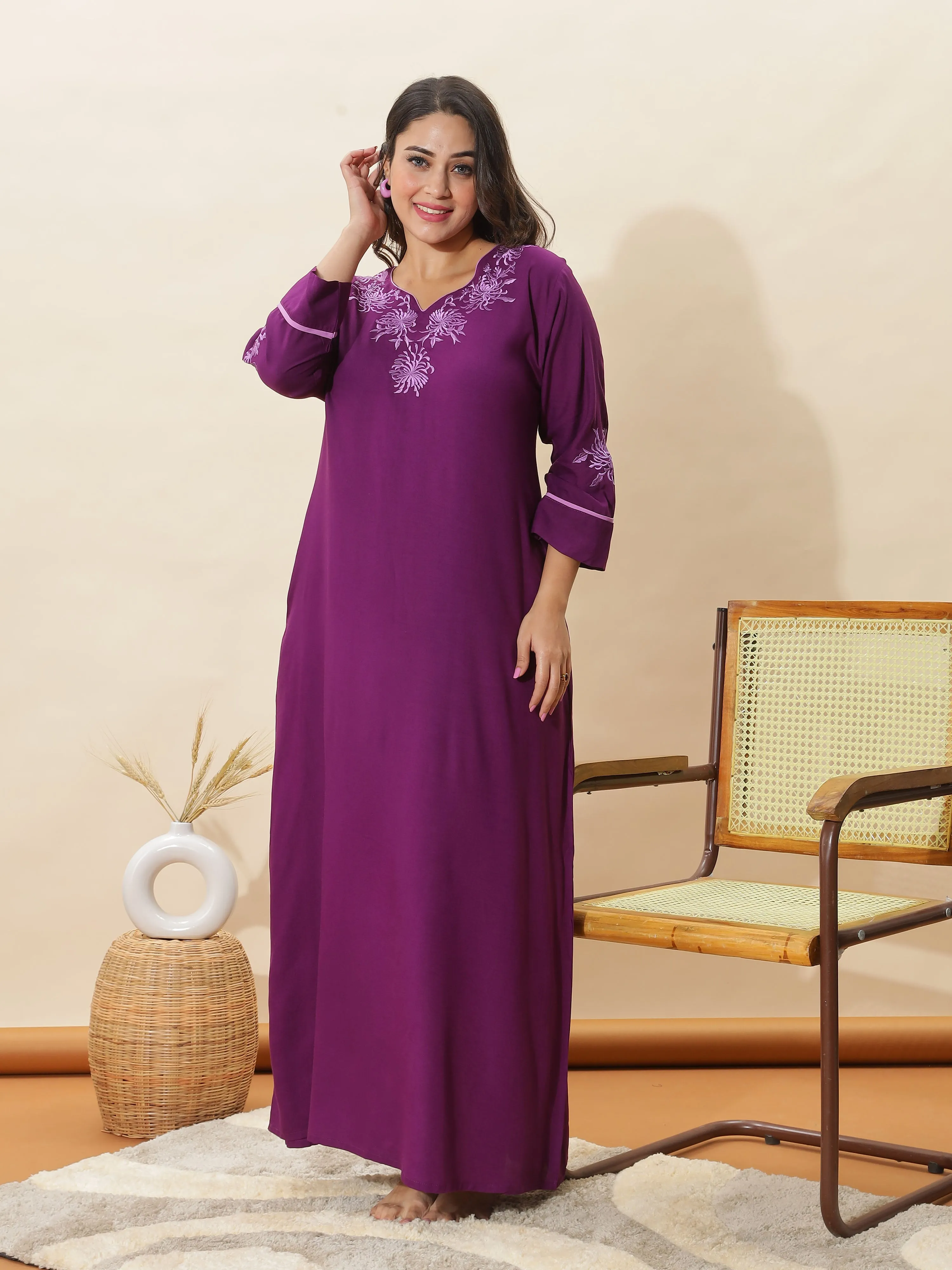 Stylish Purple Topaz Embroidered Rayon Nighty