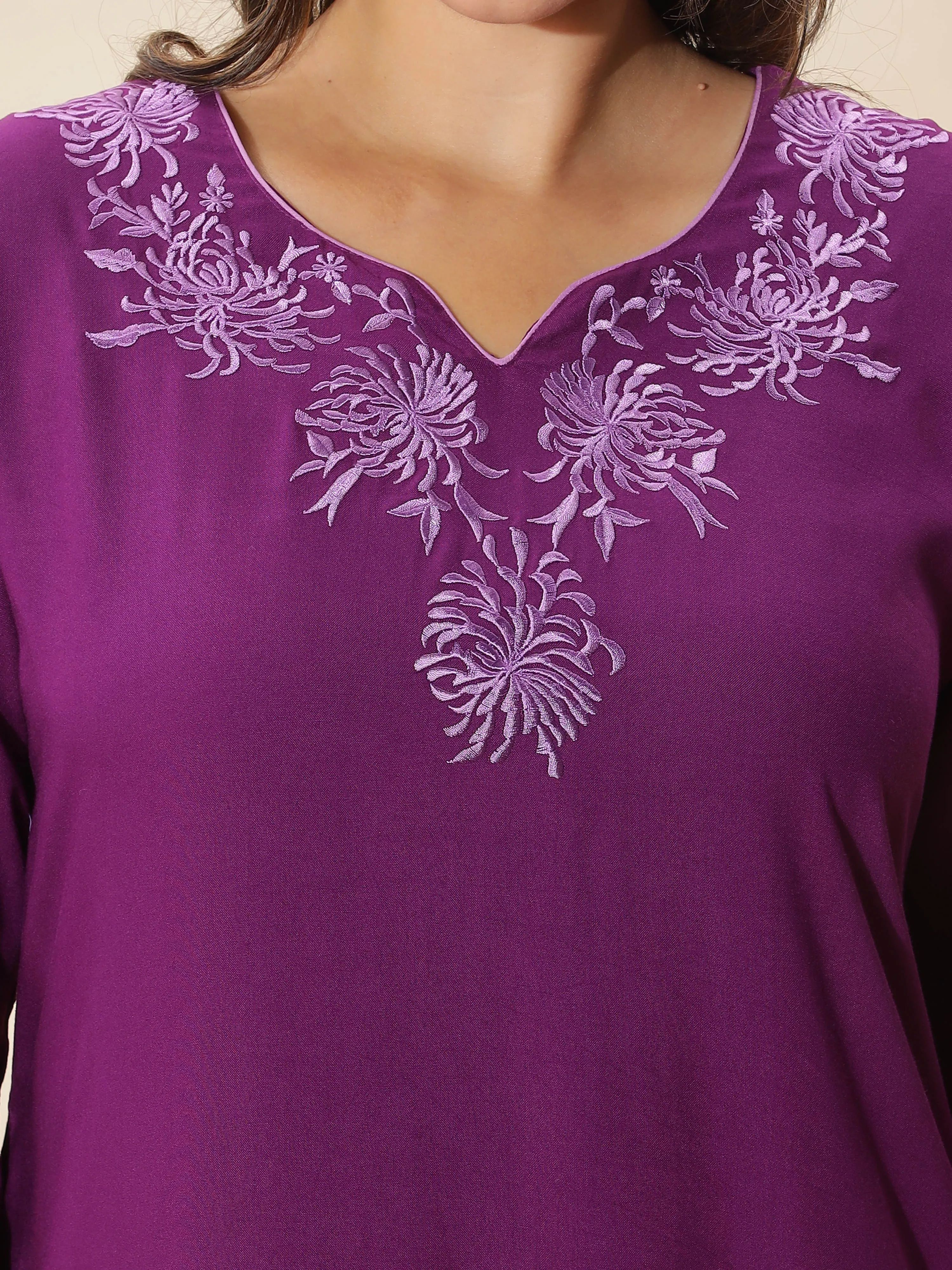 Stylish Purple Topaz Embroidered Rayon Nighty