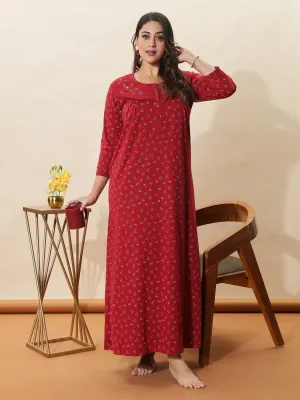 Stylish Red Floral Nighty for Women With 3/4th Sleeves & Maxi Design