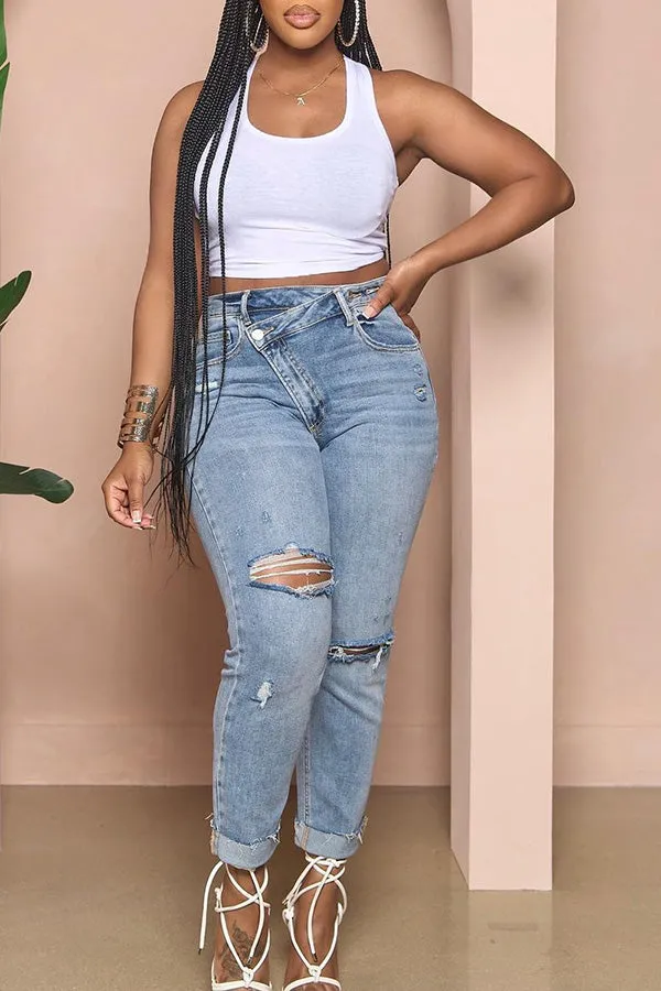 Stylish Ripped Diagonal Zipper Jeans