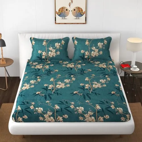 Stylish Threads Premium Cotton Flat Double Bedsheets with 2 King Size Pillow Covers | Double Bed Breathable | Wrinklefree | Ultrasoft 220 TC Supersoft | 90x100 Inches || Green Flower