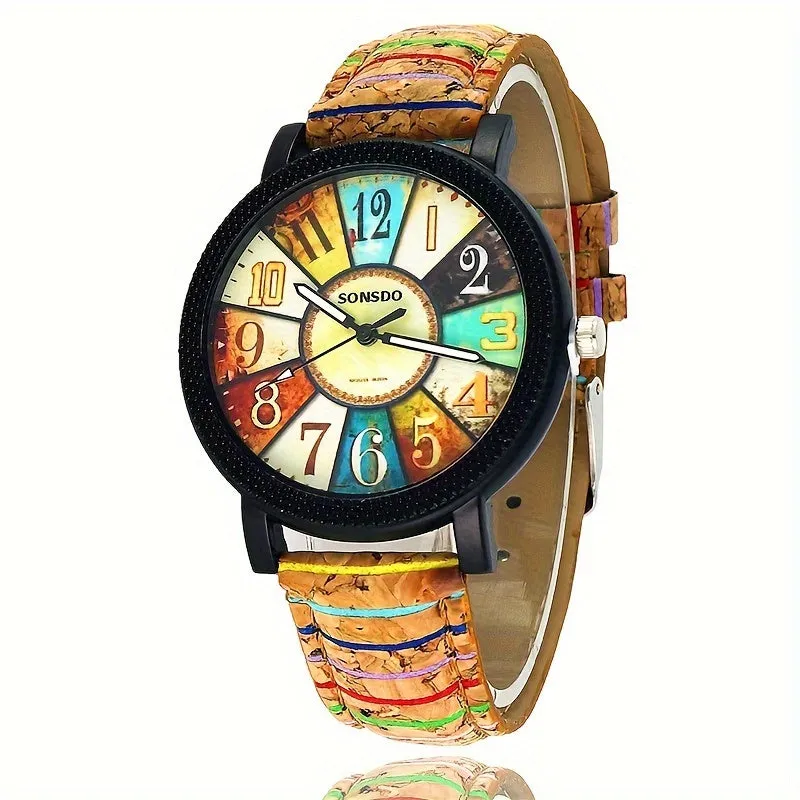 Stylish Vintage Floral Dial Wood Grain Watch  Perfect Gift