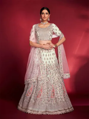 Stylish White Soft Silk Embroidered Semi Stitched Lehenga Choli