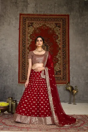 Sublime Red Sequins Embroidered Net Semi Stitched Bridal Lehenga