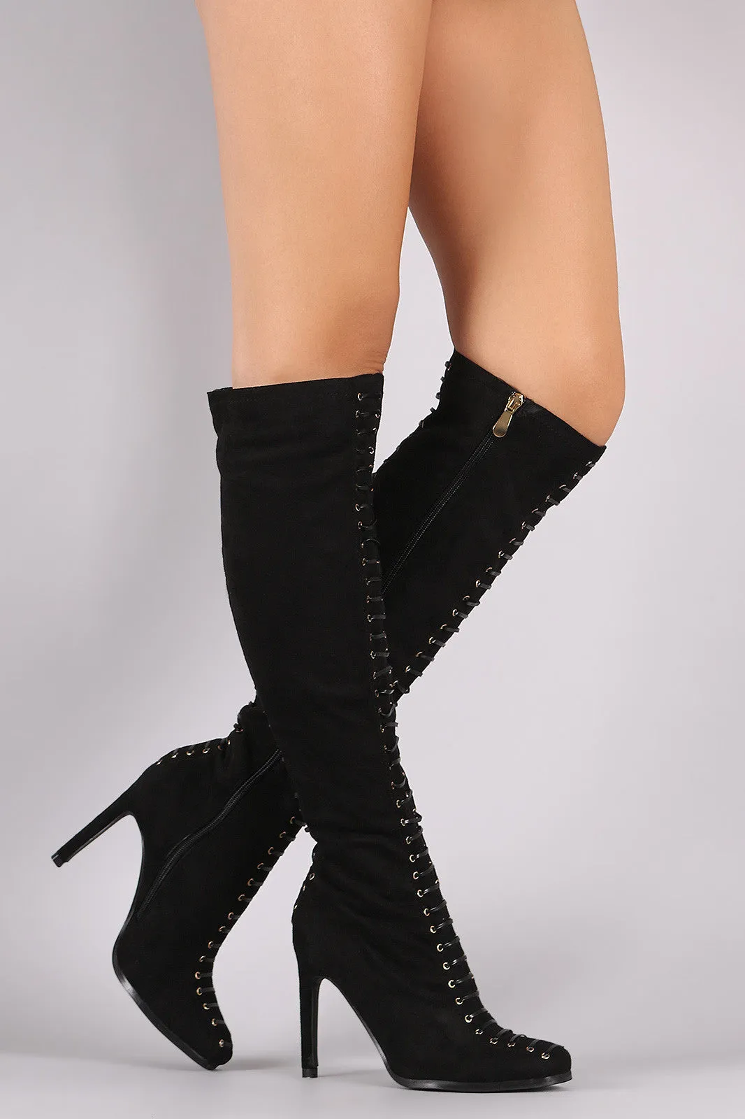 Suede Grommets Corset Lace Up Stiletto Boots