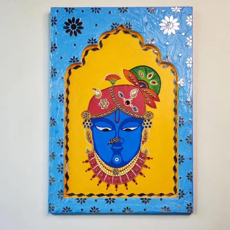 Suhasini Crafts Mirror Madala Lippan Art Wall - Center Rectangle Shape And Wood, Mud, Mirror, Paint Shreenath Ji Jharokha - Mosaic Art Rectangle Shape