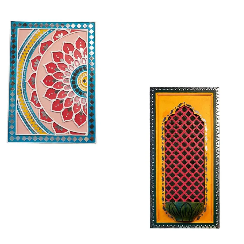 Suhasini Crafts Mirror Madala Lippan Art Wall - Left Rectangle Shape And Diya Jharokha Rectangle Shape