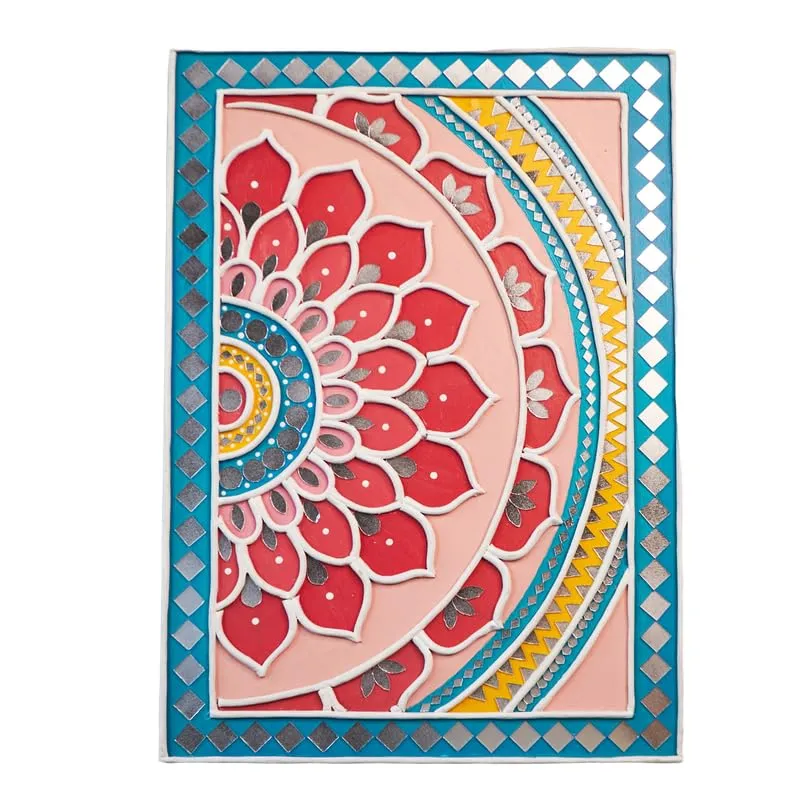 Suhasini Crafts Wood, Mud, Mirror, Paint Mud And Mirror Madala Lippan Art Wall - Right Rectangle Shape | For Home, Livingroom, Bedroom Decor