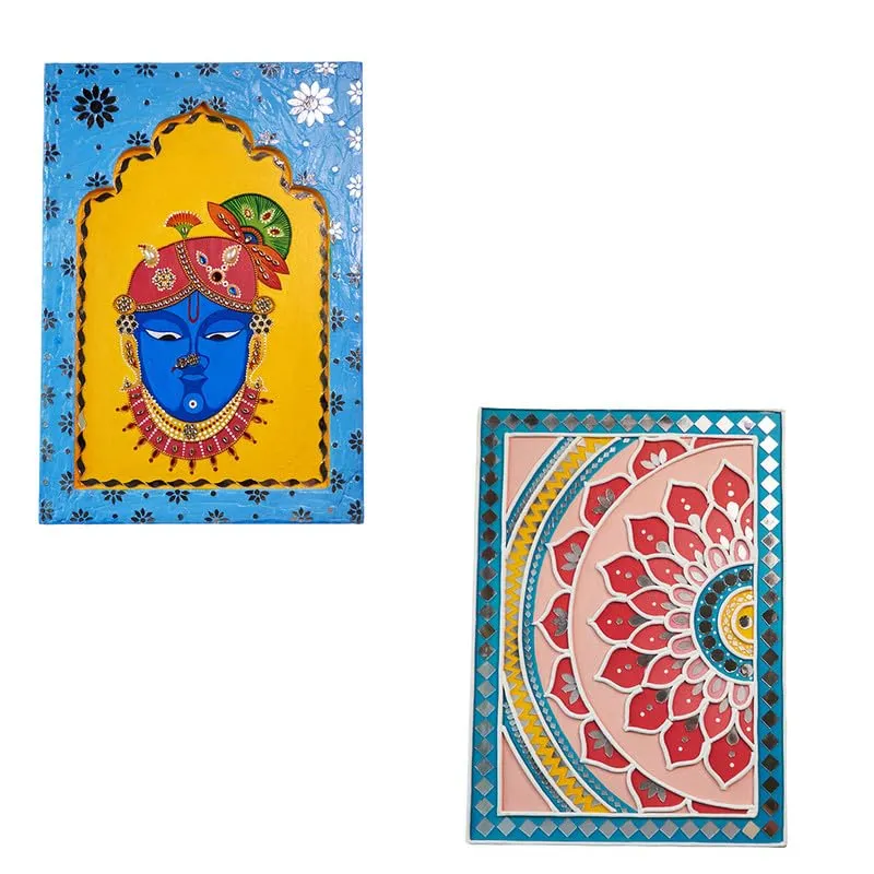 Suhasini Crafts Wood, Mud, Mirror, Paint Shreenath Ji Jharokha - Mosaic Art Rectangle Shape And Mirror Madala Lippan Art Wall - Left Rectangle Shape