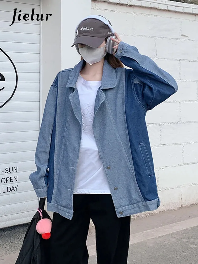 Suit Collar Denim Coat Women Autumn Winter Korean New Fashion Loose Casual Spell Color Blue Denim Jacket Female S-XL