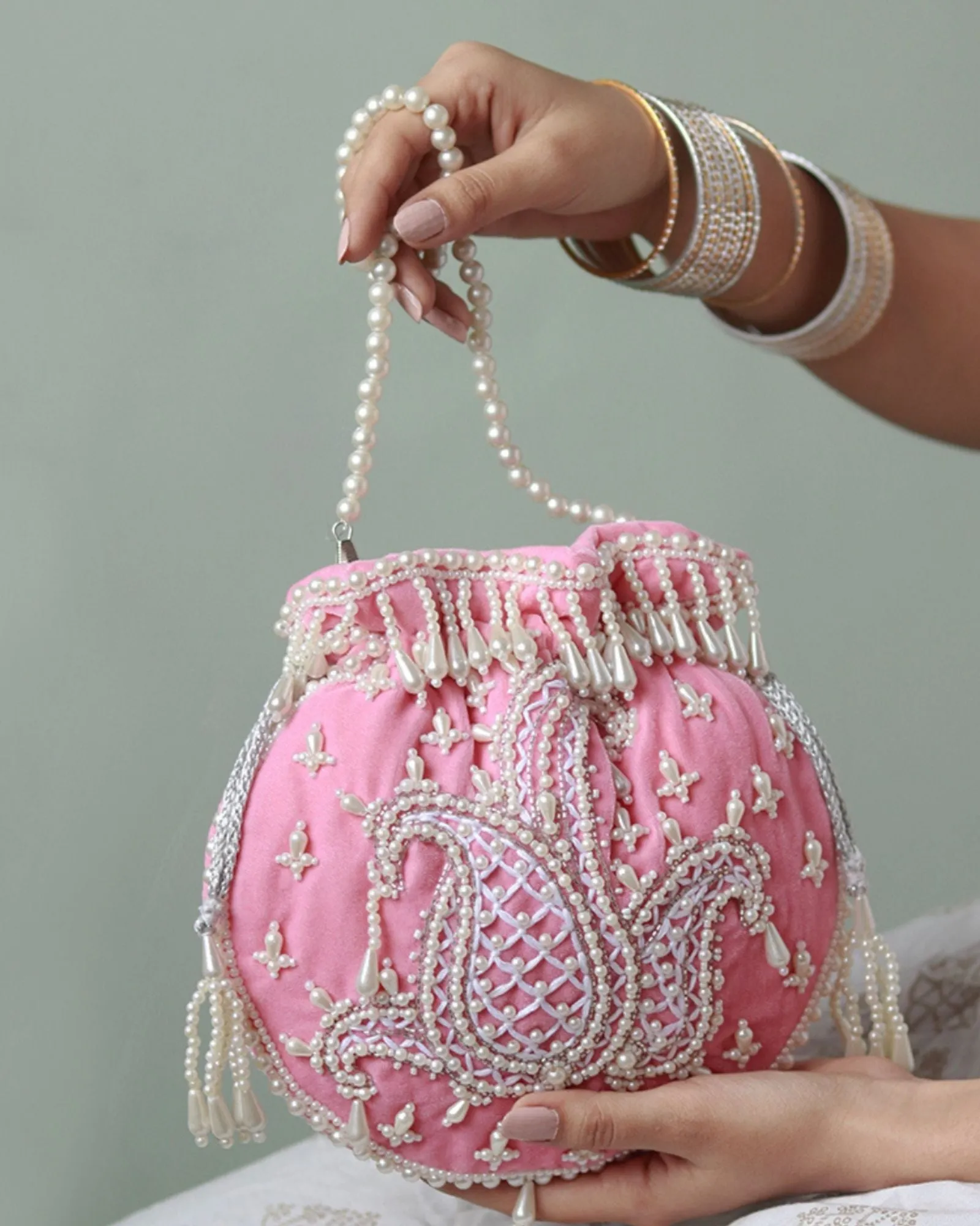 Sukoon Hand Embroidered Potli with Pearl Handle