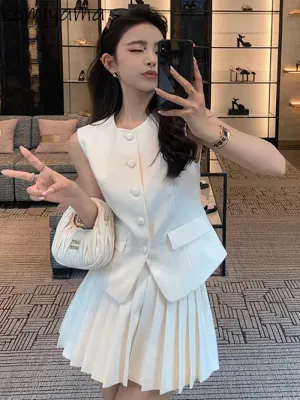 Summer 2024 Two Piece Sets Round Neck Sleeveless Vest Tops High Waist Pleated A-line Mini Skirt Samlll Fragrance Women Suits