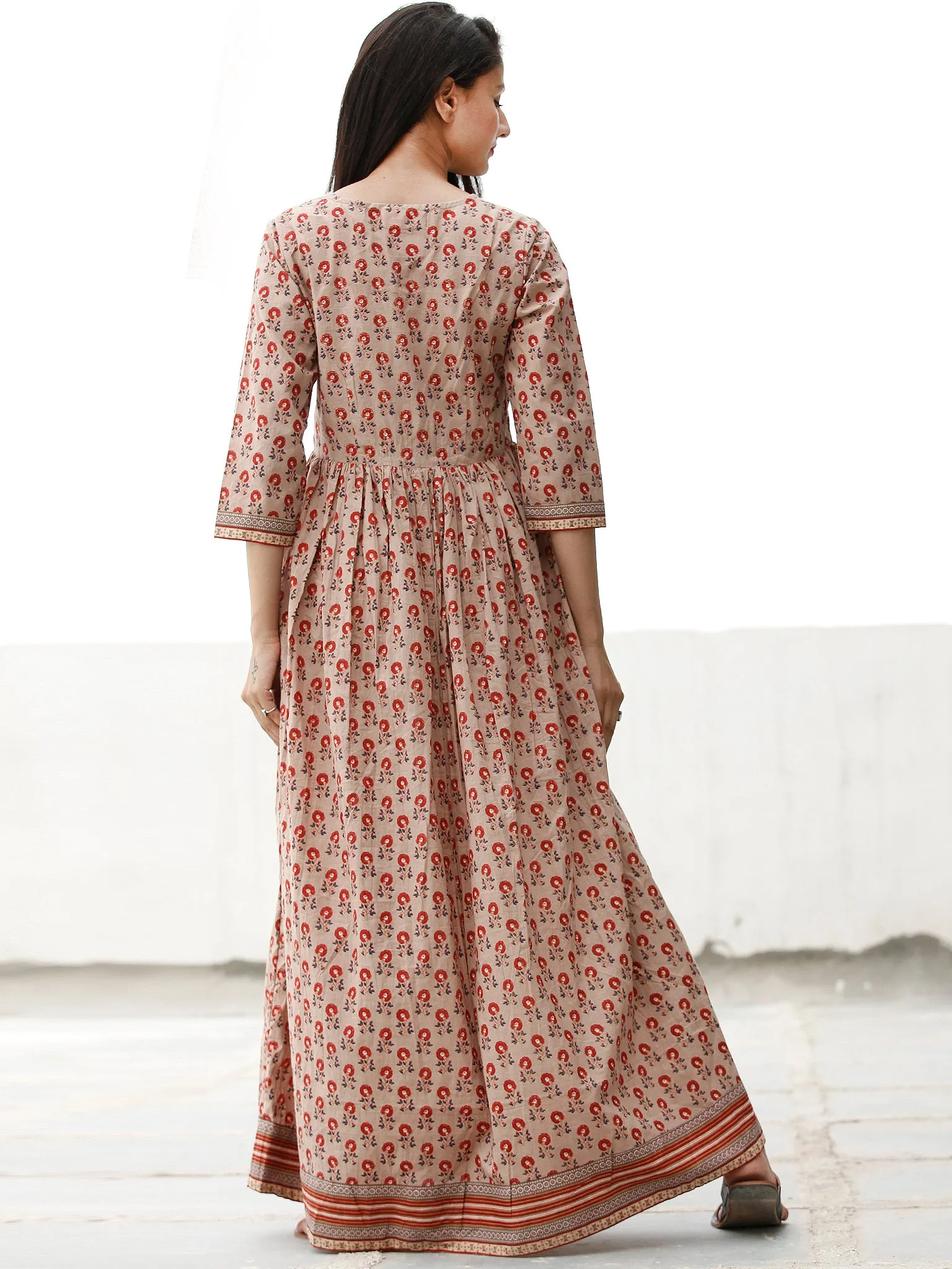 Summer Blossoms  - Block Printed Cotton Long Dress  - D358F1876