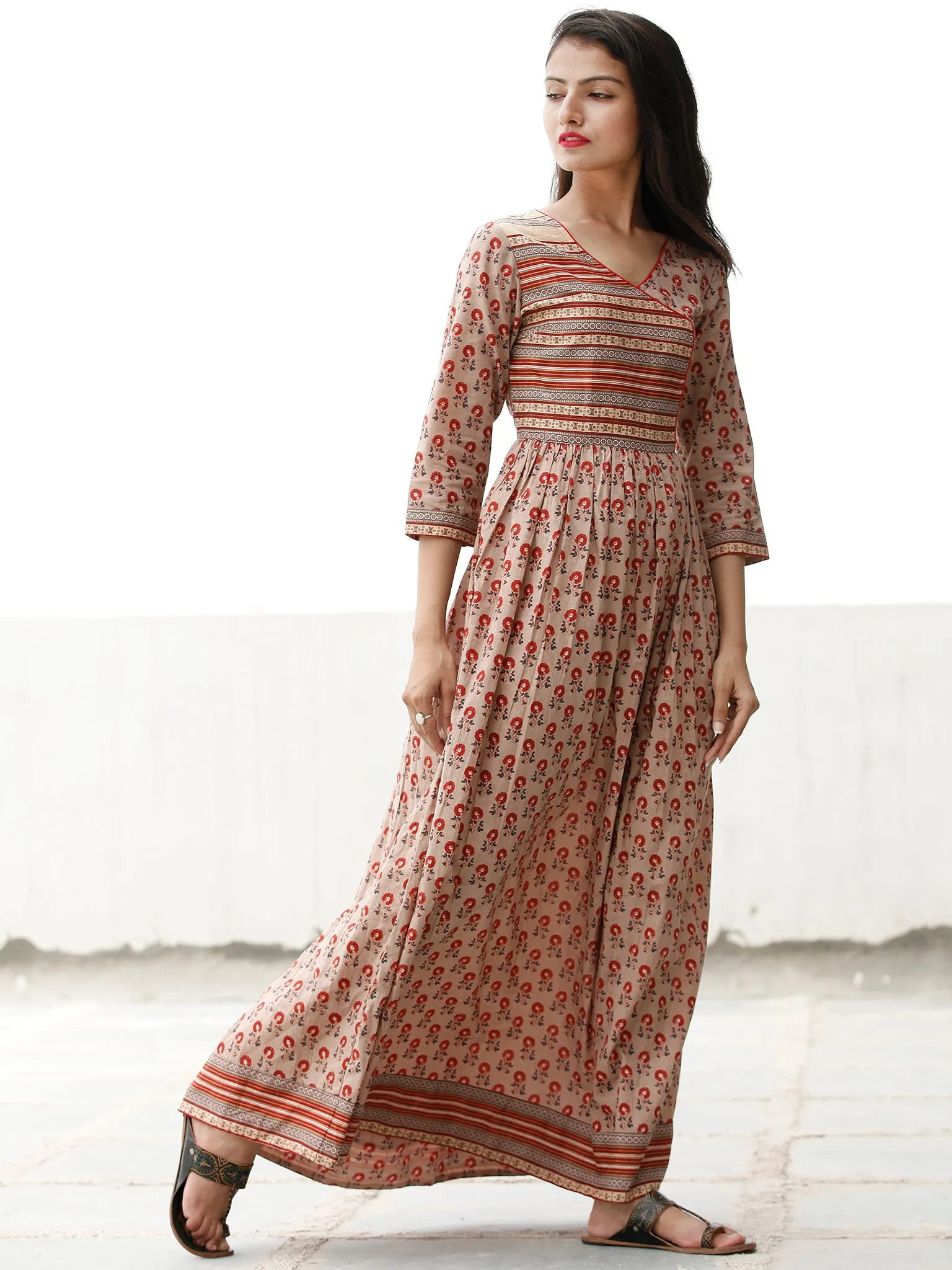 Summer Blossoms  - Block Printed Cotton Long Dress  - D358F1876