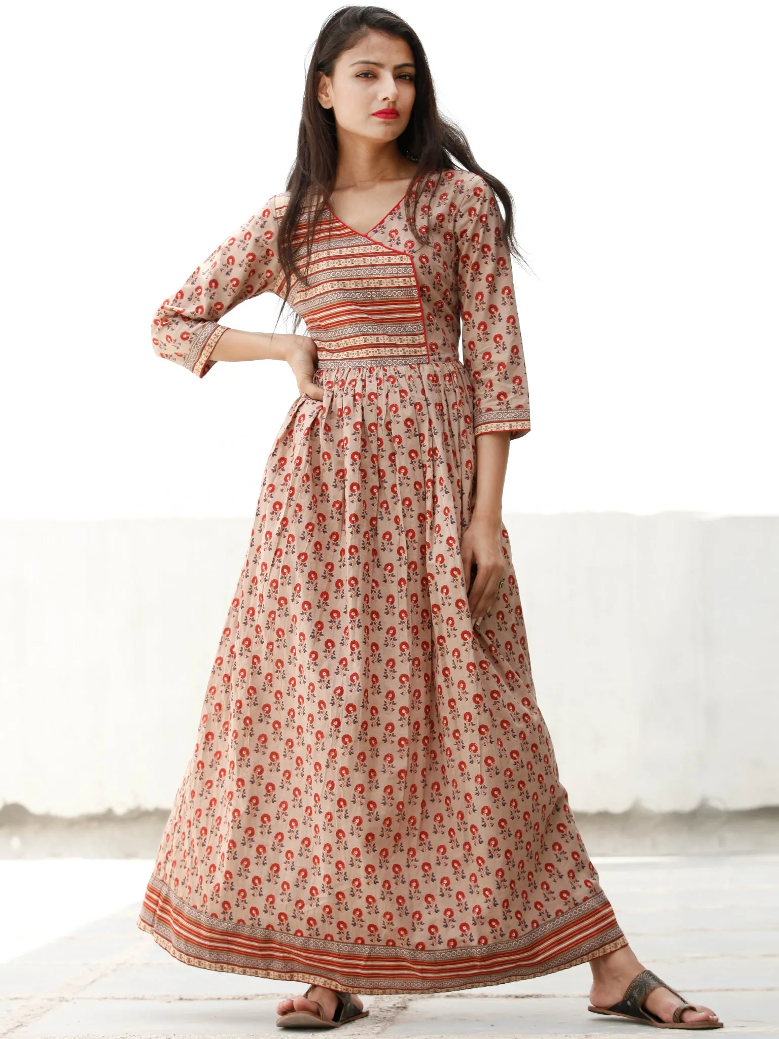 Summer Blossoms  - Block Printed Cotton Long Dress  - D358F1876