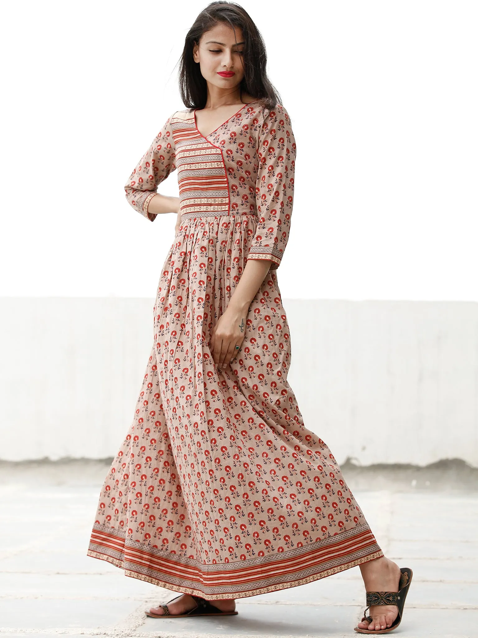 Summer Blossoms  - Block Printed Cotton Long Dress  - D358F1876