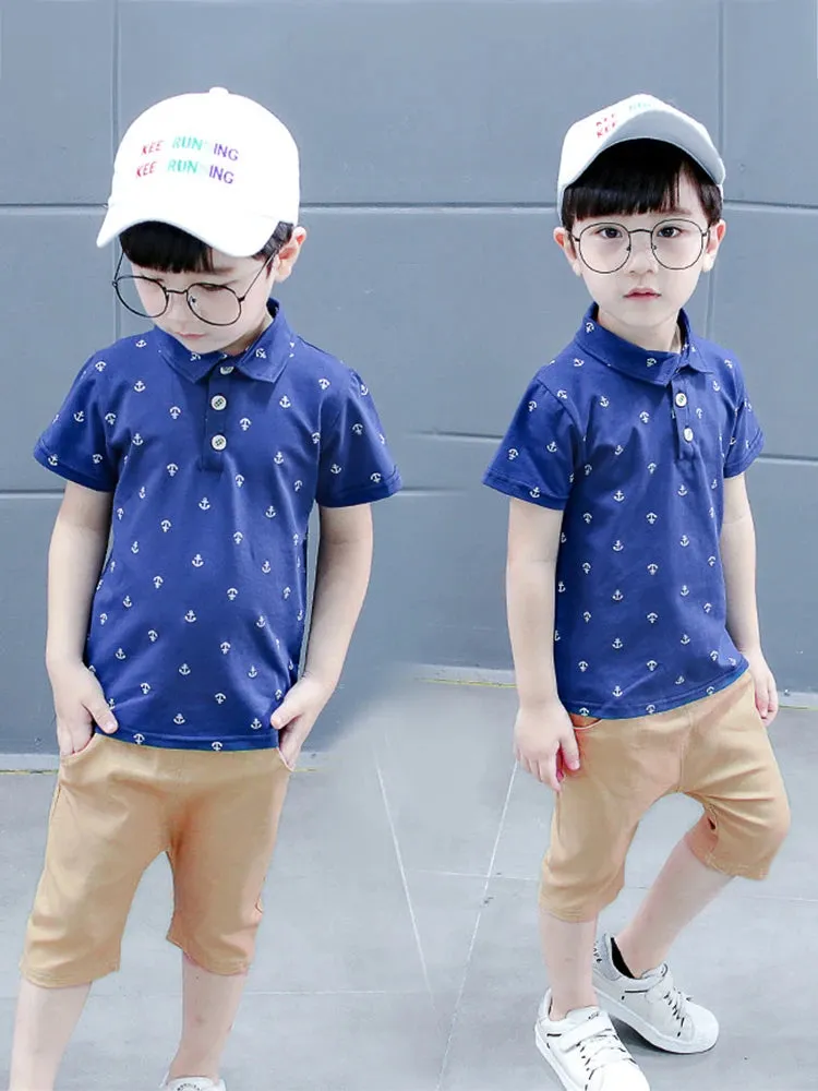 Summer Kids Polo T-Shirts Short Sleeve Cotton Suit Toddler Baby Boy Casual Navy Style Outfits Sets 2-8Y