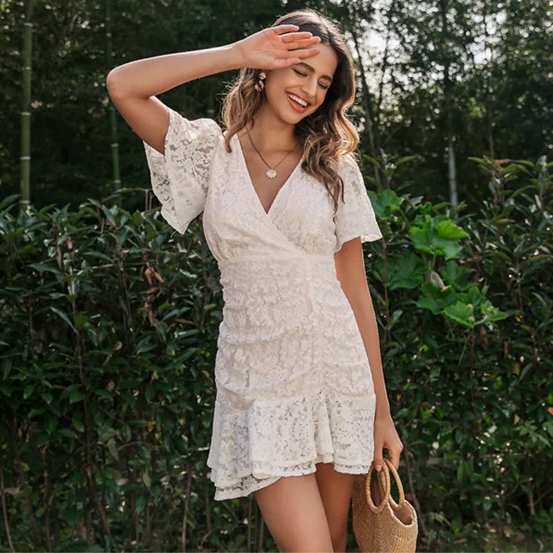 Summer Lace Sexy V-Neck Floral Summer Cotton White  Dress