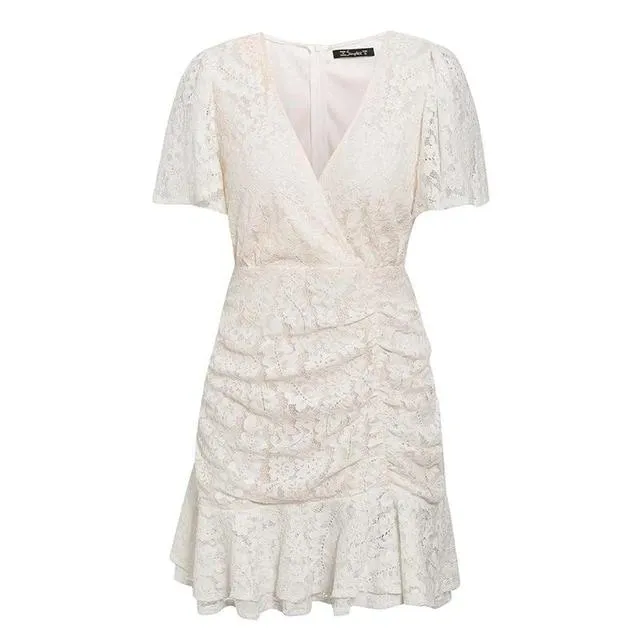 Summer Lace Sexy V-Neck Floral Summer Cotton White  Dress