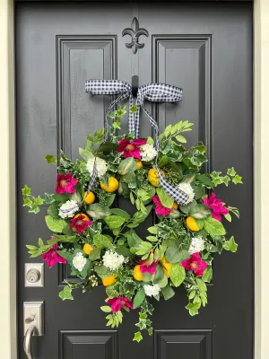 Summer Lemon and Magenta Clematis Front Door Wreath