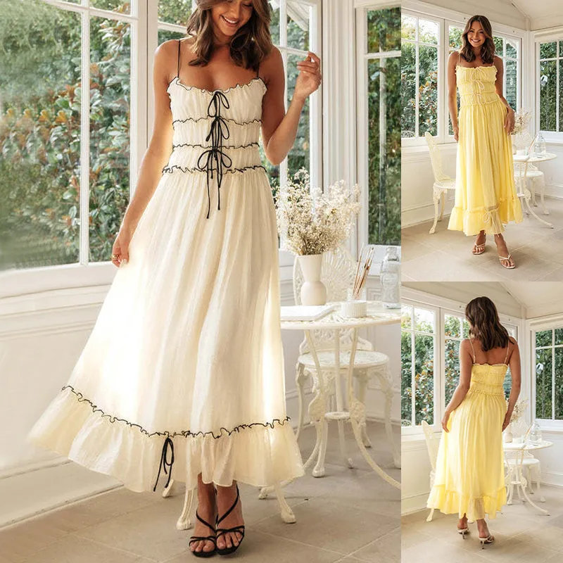 Summer Long Dresses With Bow Pleat Design