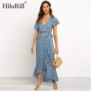 Summer Long Maxi Casual Boho Floral Print Beach V-Neck Ruffle Bodycon Wrap High Slit Party Dress