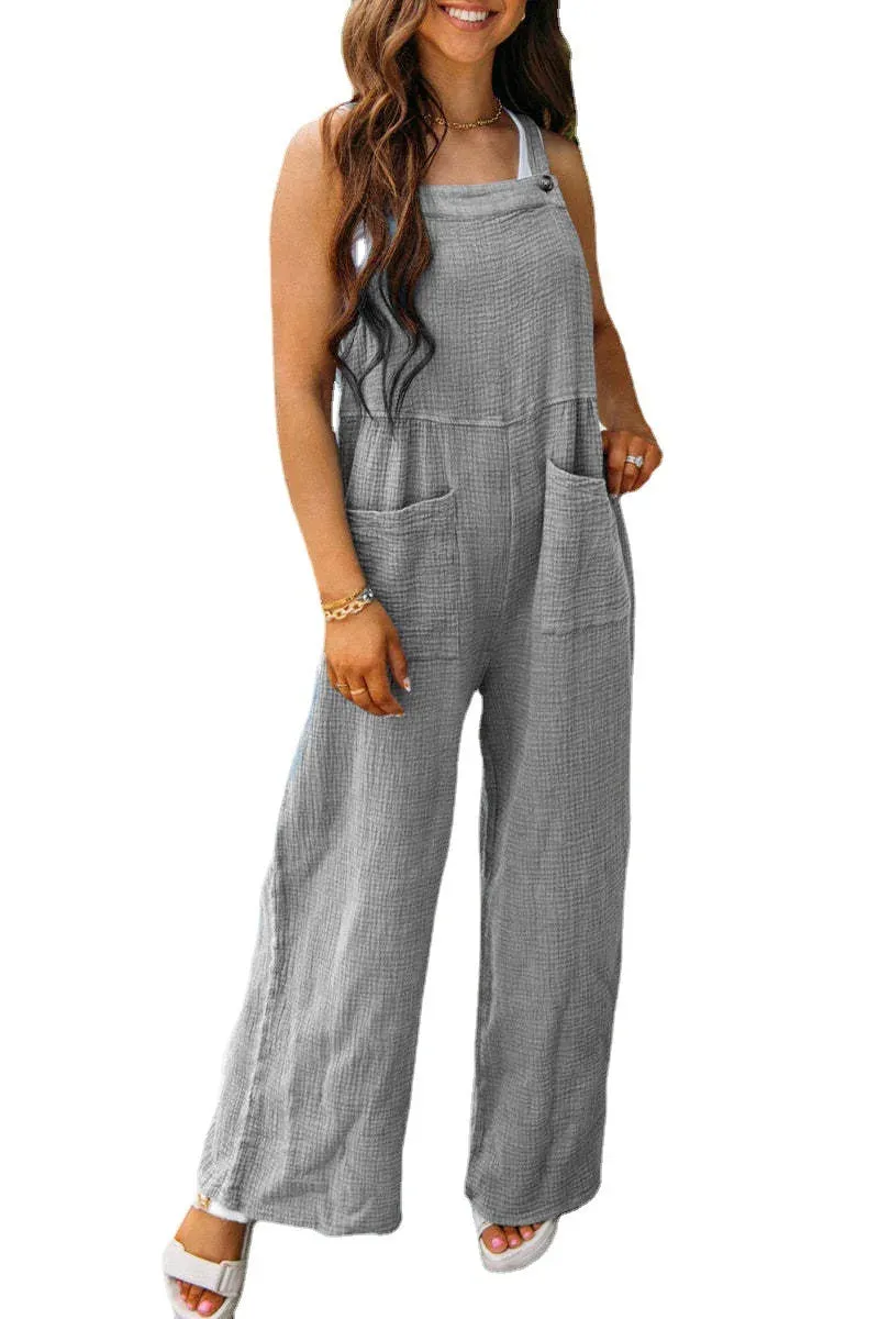 Summer New Women's Casual Solid Color Pocket Square Neck Loose Strap jumpsuit