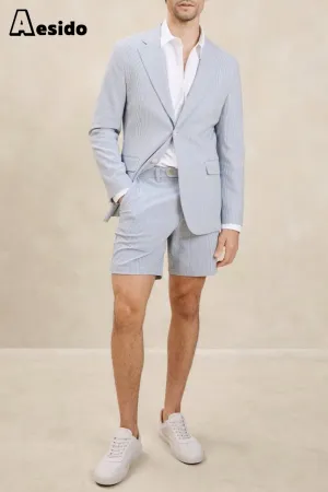 Summer Seersucker Casual Men's Suit (Blazer Shorts)