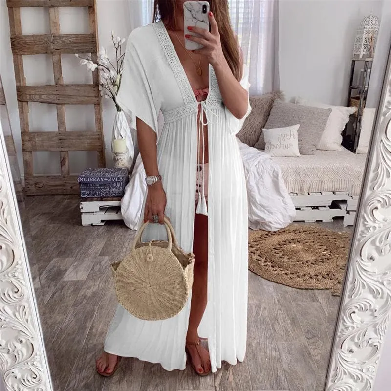 Summer Solid Lace Beach Cover-Up - Stylish Bohemian Design & Lightweight Material