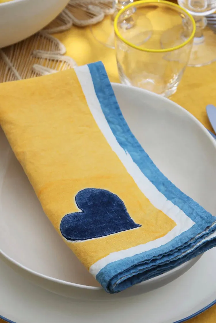 Summerill & Bishop x Lisou Heart Linen Tablecloth in Light Blue and Yellow