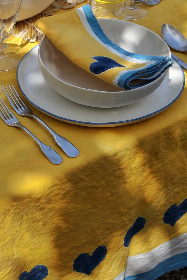 Summerill & Bishop x Lisou Heart Linen Tablecloth in Light Blue and Yellow